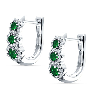 Three Round Halo Floral Hoop Earring Green Emerald CZ 925 Sterling Silver Wholesale